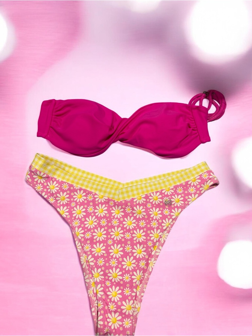 Women’s Pink Daisy Bikini Set - Bandeau Top & High-Cut Bottom